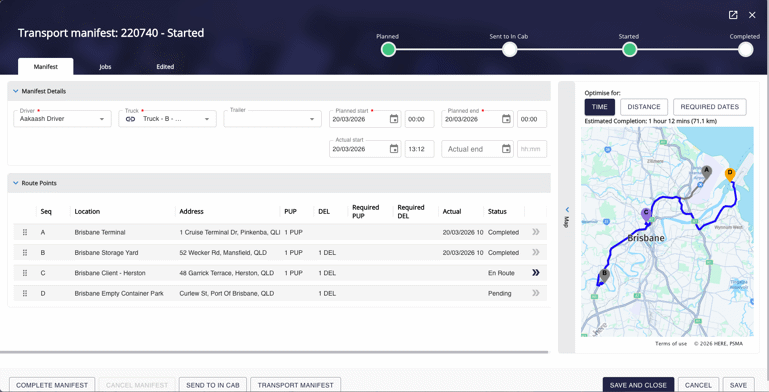 Screen UI of route optimisation in TMS